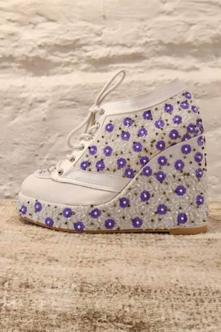 Shop Tiesta White Pearls, Sequins Lavender Bloom Embroidered Sneaker Wedges at Aza Fashions Shop_Tiesta_White Pearls, Sequins Lavender Bloom Embroidered Sneaker Wedges _at_Aza_Fashions