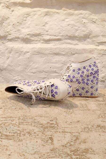 Buy Tiesta White Pearls, Sequins Lavender Bloom Embroidered Sneaker Wedges Online at Aza Fashions Buy_Tiesta_White Pearls, Sequins Lavender Bloom Embroidered Sneaker Wedges _Online_at_Aza_Fashions
