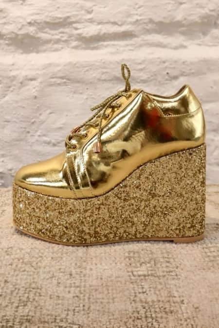 Shop_Tiesta_Gold Foil Printing, Glitter Embellished Sneaker Wedges _at_Aza_Fashions