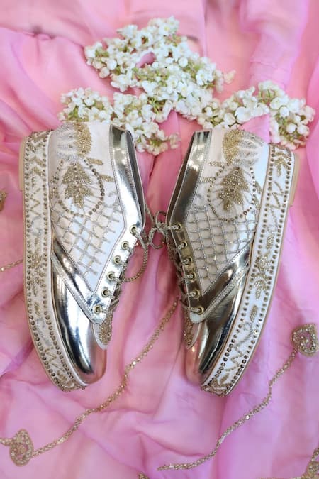 Tiesta Gold Fleur Embroidered Platform Sneakers Online at Aza Fashions Tiesta_Gold Fleur Embroidered Platform Sneakers _Online_at_Aza_Fashions