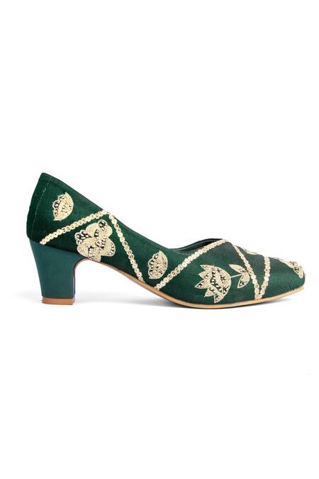 Azora_Green Sequin Phool Sitare Zari Embroidered Block Heels_Online_at_Aza_Fashions