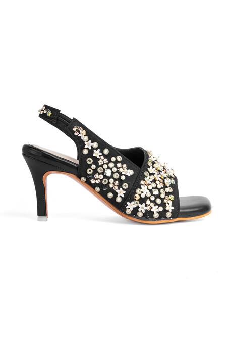 Azora_Black Sequin Glam Bloom Embroidered Heels_Online_at_Aza_Fashions