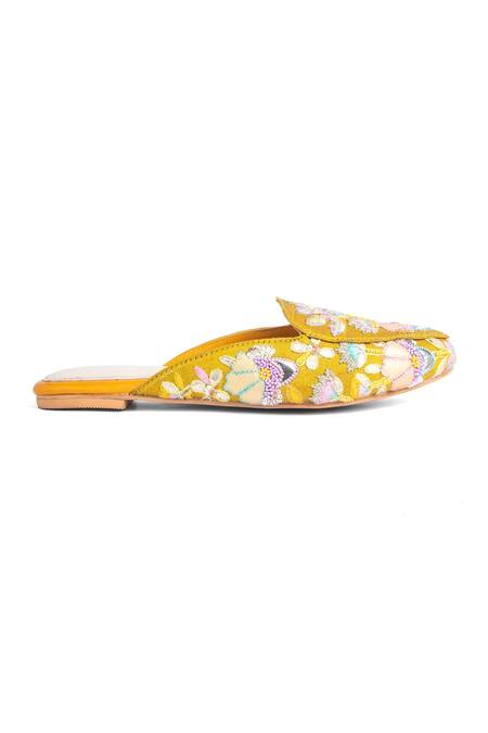 Azora_Yellow Sequin Mystique Blossom Embroidered Mules _Online_at_Aza_Fashions