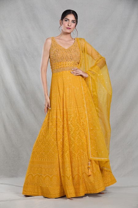 Buy_Samyukta Singhania_Yellow Georgette Sequins, Beads, Embroidery Mughal Darbar Gown With Dupatta _Online_at_Aza_Fashions
