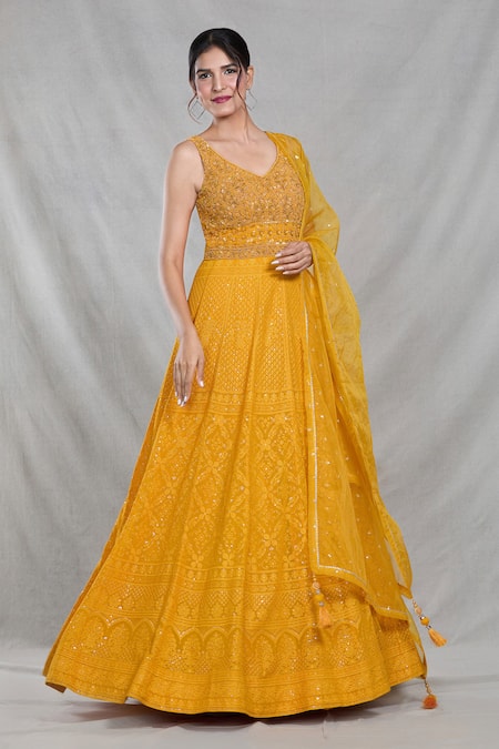 Samyukta Singhania_Yellow Georgette Sequins, Beads, Embroidery Mughal Darbar Gown With Dupatta _at_Aza_Fashions
