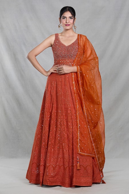 Buy_Samyukta Singhania_Orange Georgette Sequins, Beads Persian Darbar Embroidered Gown With Dupatta _Online_at_Aza_Fashions
