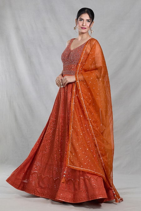 Shop_Samyukta Singhania_Orange Georgette Sequins, Beads Persian Darbar Embroidered Gown With Dupatta _Online_at_Aza_Fashions