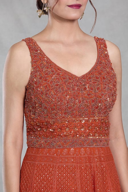 Samyukta Singhania_Orange Georgette Sequins, Beads Persian Darbar Embroidered Gown With Dupatta _at_Aza_Fashions