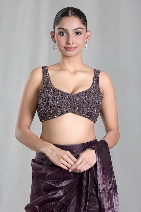 Shop Samyukta Singhania Magenta Silk Sequins Asymmetric Metallic Pre-draped Saree With Blouse Shop_Samyukta Singhania_Magenta Silk Sequins Asymmetric Metallic Pre-draped Saree With Blouse