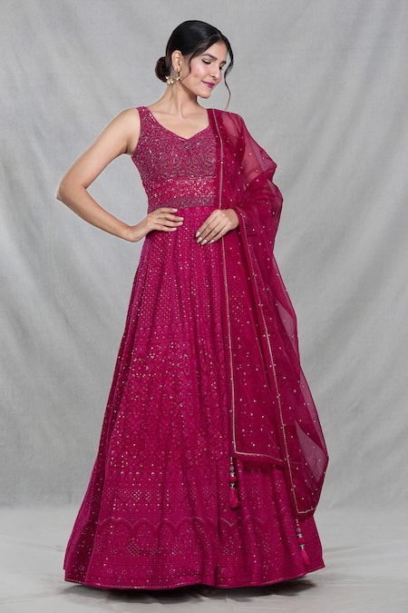 Buy_Samyukta Singhania_Pink Georgette Embroidery, Sequins, Beads Persian Bloom Gown With Dupatta _Online_at_Aza_Fashions