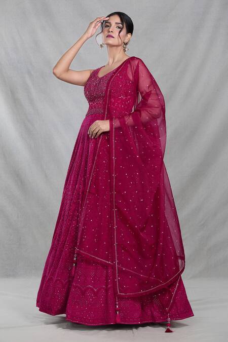 Samyukta Singhania_Pink Georgette Embroidery, Sequins, Beads Persian Bloom Gown With Dupatta _at_Aza_Fashions