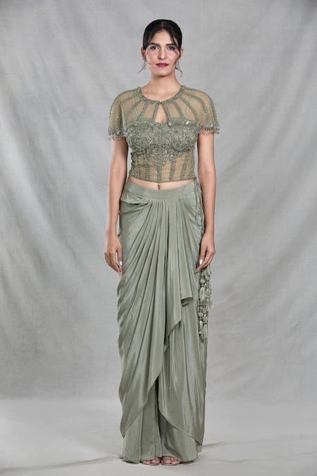 Shop_Samyukta Singhania_Green Net, Chiffon Cut Work, Sequins, Beads, Ivy Vine Cape Draped Skirt Set