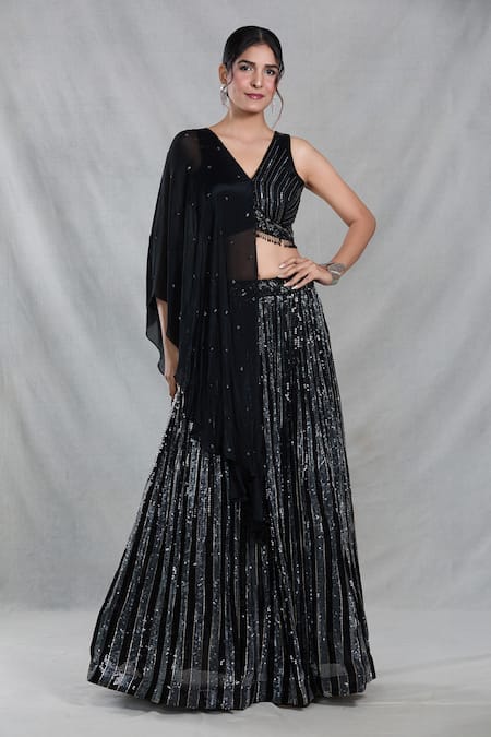 Samyukta Singhania Black Blouse Chinnon Embellished Sequin V-neck Stripe Lehenga With Draped