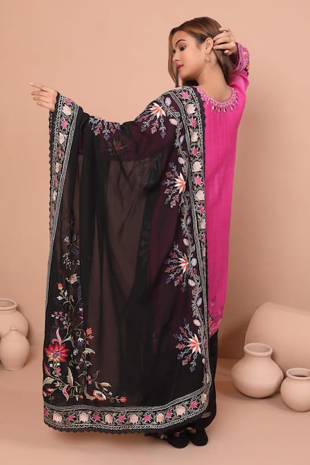 Shop Shetab Kazmi Fuchsia Chanderi, Cotton Embroidery V-neck Floral Mandala Kurta Pant Set at Aza Fashions Shop_Shetab Kazmi_Fuchsia Chanderi, Cotton Embroidery V-neck Floral Mandala Kurta Pant Set _at_Aza_Fashions