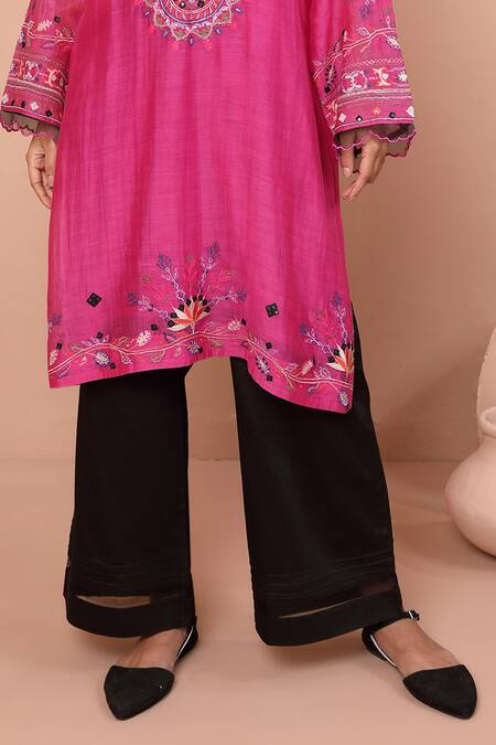 Shetab Kazmi Fuchsia Chanderi, Cotton Embroidery V-neck Floral Mandala Kurta Pant Set Online at Aza Fashions Shetab Kazmi_Fuchsia Chanderi, Cotton Embroidery V-neck Floral Mandala Kurta Pant Set _Online_at_Aza_Fashions