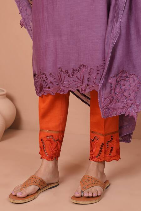 Shetab Kazmi_Purple Chanderi Cut Work, Embroidery Keyhole Neck Floral Cutwork Kurta Pant Set _Online_at_Aza_Fashions