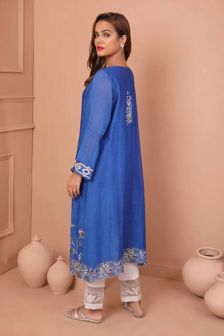 Shop Shetab Kazmi Blue Chanderi, Chiffon Embroidery, Applique Split Floral Vine Kurta Pant Set at Aza Fashions Shop_Shetab Kazmi_Blue Chanderi, Chiffon Embroidery, Applique Split Floral Vine Kurta Pant Set _at_Aza_Fashions