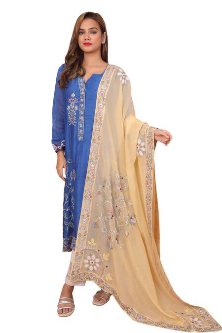 Shetab Kazmi Blue Chanderi, Chiffon Embroidery, Applique Split Floral Vine Kurta Pant Set Online at Aza Fashions Shetab Kazmi_Blue Chanderi, Chiffon Embroidery, Applique Split Floral Vine Kurta Pant Set _Online_at_Aza_Fashions