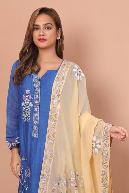Buy Shetab Kazmi Blue Chanderi, Chiffon Embroidery, Applique Split Floral Vine Kurta Pant Set Online at Aza Fashions Buy_Shetab Kazmi_Blue Chanderi, Chiffon Embroidery, Applique Split Floral Vine Kurta Pant Set _Online_at_Aza_Fashions