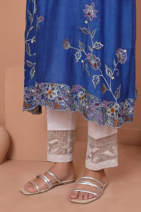 Shop Shetab Kazmi Blue Chanderi, Chiffon Embroidery, Applique Split Floral Vine Kurta Pant Set Online at Aza Fashions Shop_Shetab Kazmi_Blue Chanderi, Chiffon Embroidery, Applique Split Floral Vine Kurta Pant Set _Online_at_Aza_Fashions