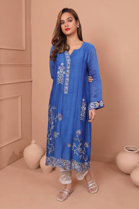 Shetab Kazmi Blue Chanderi, Chiffon Embroidery, Applique Split Floral Vine Kurta Pant Set at Aza Fashions Shetab Kazmi_Blue Chanderi, Chiffon Embroidery, Applique Split Floral Vine Kurta Pant Set _at_Aza_Fashions