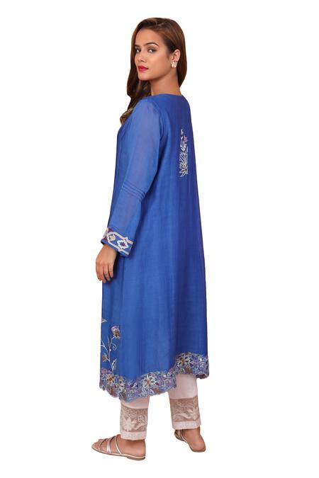 Buy Shetab Kazmi Blue Chanderi, Chiffon Embroidery, Applique Split Floral Vine Kurta Pant Set Buy_Shetab Kazmi_Blue Chanderi, Chiffon Embroidery, Applique Split Floral Vine Kurta Pant Set