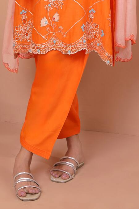 Shetab Kazmi_Orange Chanderi, Cotton Embroidery, Applique Split Vine Cutwork Kurta Salwar Set _Online_at_Aza_Fashions