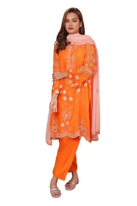 Buy_Shetab Kazmi_Orange Chanderi, Cotton Embroidery, Applique Split Vine Cutwork Kurta Salwar Set _Online_at_Aza_Fashions