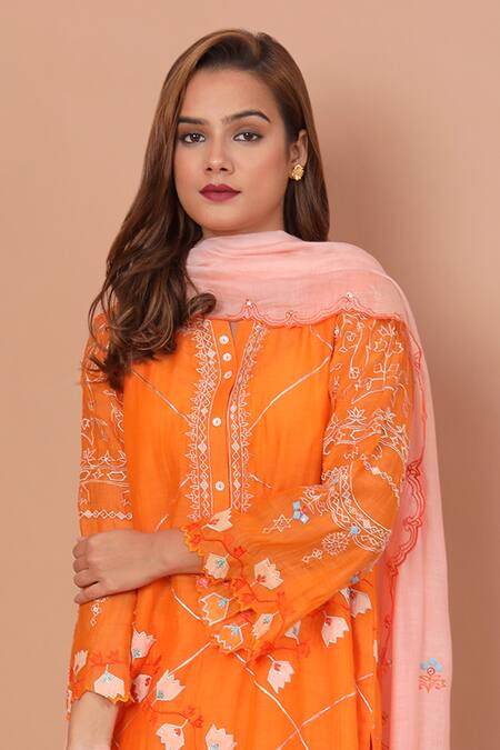 Shop_Shetab Kazmi_Orange Chanderi, Cotton Embroidery, Applique Split Vine Cutwork Kurta Salwar Set _Online_at_Aza_Fashions
