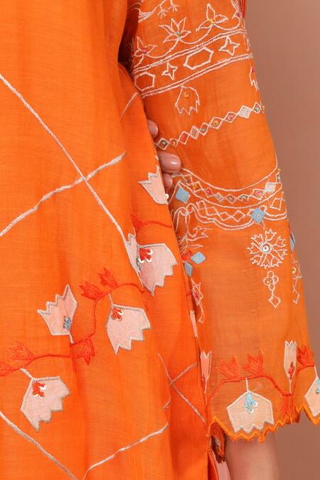 Shetab Kazmi_Orange Chanderi, Cotton Embroidery, Applique Split Vine Cutwork Kurta Salwar Set _at_Aza_Fashions
