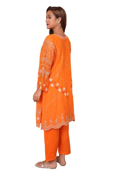 Buy_Shetab Kazmi_Orange Chanderi, Cotton Embroidery, Applique Split Vine Cutwork Kurta Salwar Set 