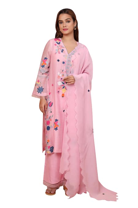 Shetab Kazmi Pink Chanderi, Cotton Embroidery, Patchwork V-neck Floral Kurta Culottes Set Online at Aza Fashions Shetab Kazmi_Pink Chanderi, Cotton Embroidery, Patchwork V-neck Floral Kurta Culottes Set _Online_at_Aza_Fashions