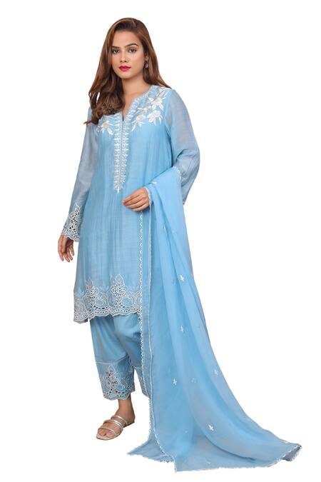 Shetab Kazmi_Blue Chanderi Lace, Embroidery, Cut Work Collared Floral Kurta Salwar Set _Online_at_Aza_Fashions