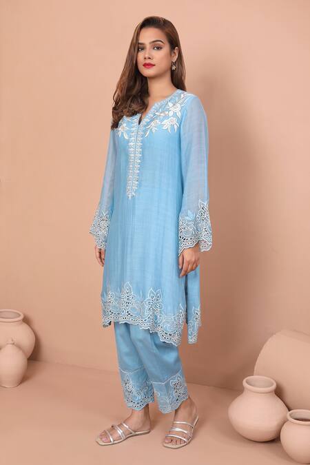 Shop_Shetab Kazmi_Blue Chanderi Lace, Embroidery, Cut Work Collared Floral Kurta Salwar Set _Online_at_Aza_Fashions