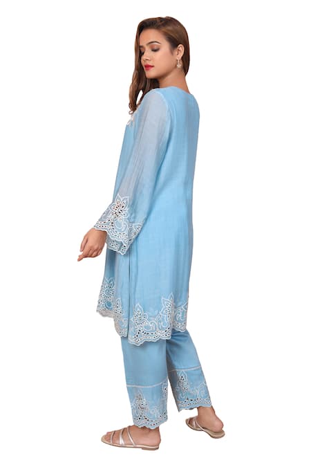 Shetab Kazmi_Blue Chanderi Lace, Embroidery, Cut Work Collared Floral Kurta Salwar Set _at_Aza_Fashions