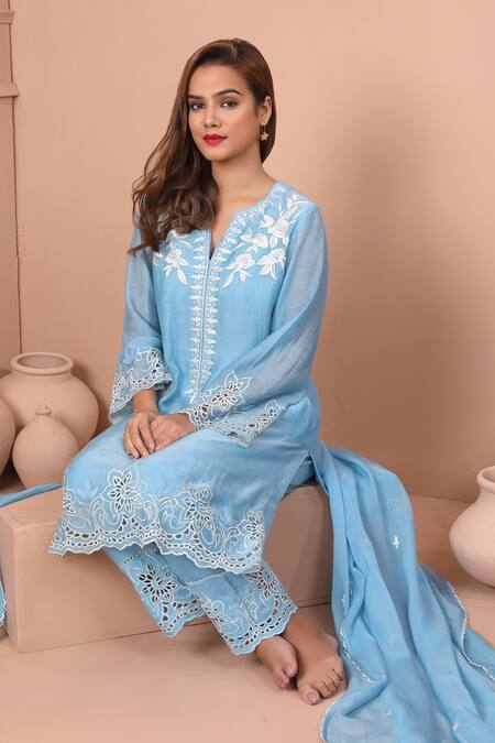 Buy_Shetab Kazmi_Blue Chanderi Lace, Embroidery, Cut Work Collared Floral Kurta Salwar Set 