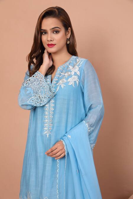 Shop_Shetab Kazmi_Blue Chanderi Lace, Embroidery, Cut Work Collared Floral Kurta Salwar Set 