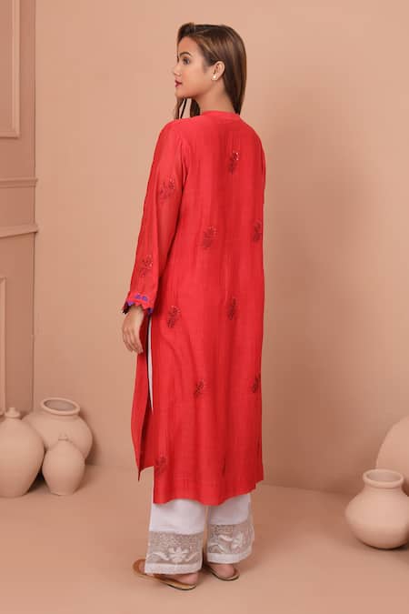 Shop Shetab Kazmi Red Chanderi, Cotton Embroidery, Patchwork Mandarin Floral Kurta Palazzo Set at Aza Fashions Shop_Shetab Kazmi_Red Chanderi, Cotton Embroidery, Patchwork Mandarin Floral Kurta Palazzo Set _at_Aza_Fashions