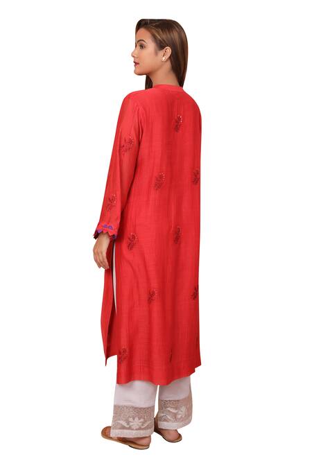 Shop Shetab Kazmi Red Chanderi, Cotton Embroidery, Patchwork Mandarin Floral Kurta Palazzo Set Online at Aza Fashions Shop_Shetab Kazmi_Red Chanderi, Cotton Embroidery, Patchwork Mandarin Floral Kurta Palazzo Set _Online_at_Aza_Fashions