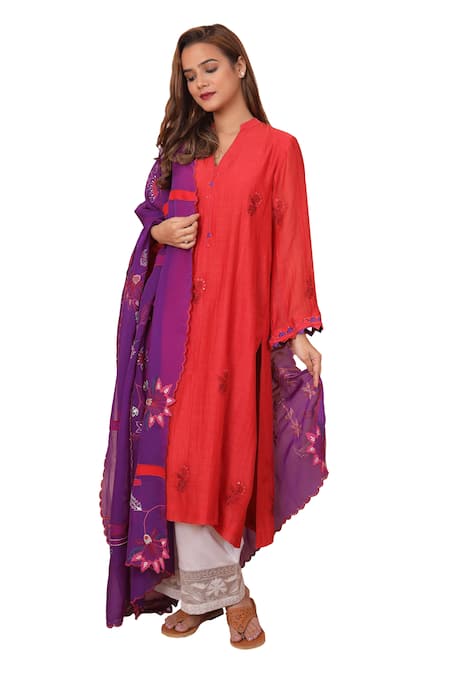 Buy Shetab Kazmi Red Chanderi, Cotton Embroidery, Patchwork Mandarin Floral Kurta Palazzo Set Buy_Shetab Kazmi_Red Chanderi, Cotton Embroidery, Patchwork Mandarin Floral Kurta Palazzo Set