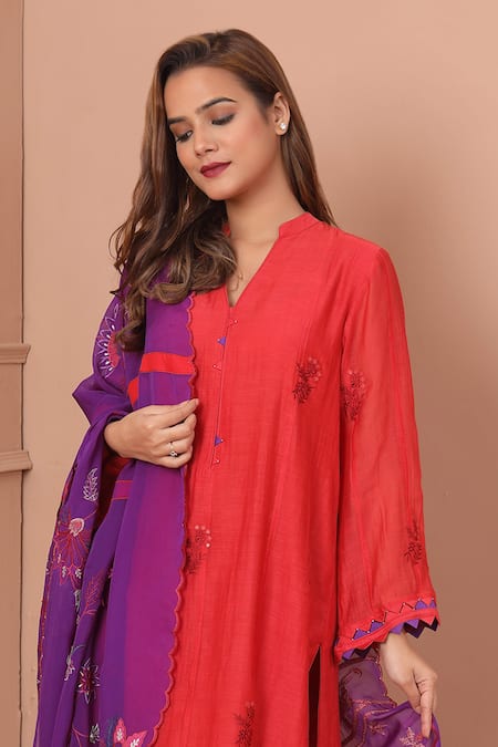 Shop Shetab Kazmi Red Chanderi, Cotton Embroidery, Patchwork Mandarin Floral Kurta Palazzo Set Shop_Shetab Kazmi_Red Chanderi, Cotton Embroidery, Patchwork Mandarin Floral Kurta Palazzo Set