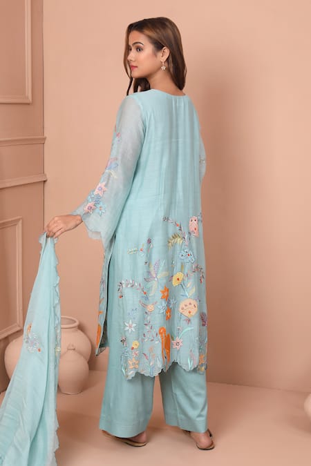 Shop Shetab Kazmi Blue Chanderi, Cotton Embroidery, Patchwork Split Floral Kurta Palazzo Set at Aza Fashions Shop_Shetab Kazmi_Blue Chanderi, Cotton Embroidery, Patchwork Split Floral Kurta Palazzo Set _at_Aza_Fashions