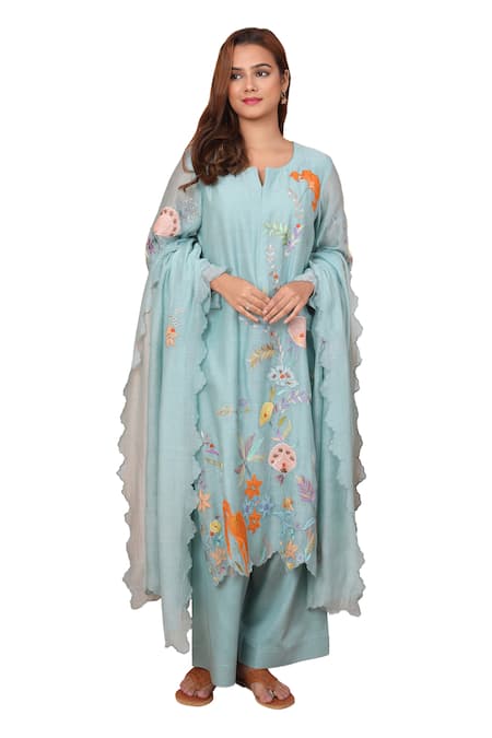 Shetab Kazmi Blue Chanderi, Cotton Embroidery, Patchwork Split Floral Kurta Palazzo Set Online at Aza Fashions Shetab Kazmi_Blue Chanderi, Cotton Embroidery, Patchwork Split Floral Kurta Palazzo Set _Online_at_Aza_Fashions