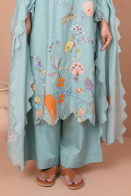 Buy Shetab Kazmi Blue Chanderi, Cotton Embroidery, Patchwork Split Floral Kurta Palazzo Set Online at Aza Fashions Buy_Shetab Kazmi_Blue Chanderi, Cotton Embroidery, Patchwork Split Floral Kurta Palazzo Set _Online_at_Aza_Fashions