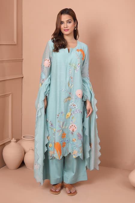 Shop Shetab Kazmi Blue Chanderi, Cotton Embroidery, Patchwork Split Floral Kurta Palazzo Set Online at Aza Fashions Shop_Shetab Kazmi_Blue Chanderi, Cotton Embroidery, Patchwork Split Floral Kurta Palazzo Set _Online_at_Aza_Fashions