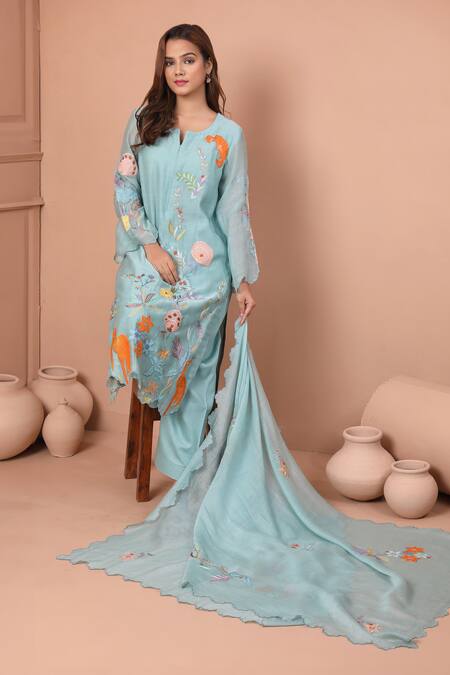 Shetab Kazmi Blue Chanderi, Cotton Embroidery, Patchwork Split Floral Kurta Palazzo Set at Aza Fashions Shetab Kazmi_Blue Chanderi, Cotton Embroidery, Patchwork Split Floral Kurta Palazzo Set _at_Aza_Fashions