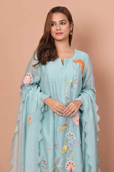 Buy Shetab Kazmi Blue Chanderi, Cotton Embroidery, Patchwork Split Floral Kurta Palazzo Set Buy_Shetab Kazmi_Blue Chanderi, Cotton Embroidery, Patchwork Split Floral Kurta Palazzo Set