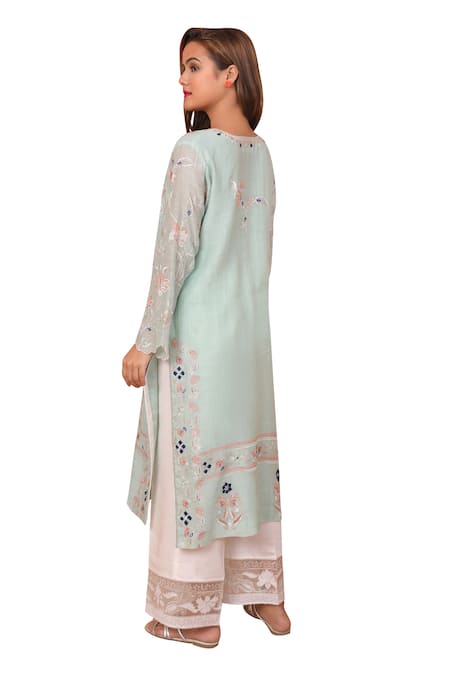 Shop_Shetab Kazmi_Green Chanderi Embroidery, Mirrors Split V-neck Floral Jaali Kurta Pant Set _Online_at_Aza_Fashions