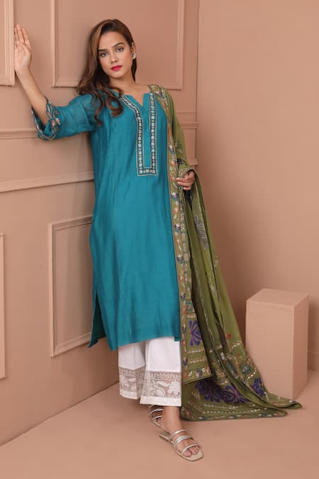 Shop Shetab Kazmi Blue Chanderi Embroidery Split V-neck Blossom Kurta Culottes Set at Aza Fashions Shop_Shetab Kazmi_Blue Chanderi Embroidery Split V-neck Blossom Kurta Culottes Set _at_Aza_Fashions