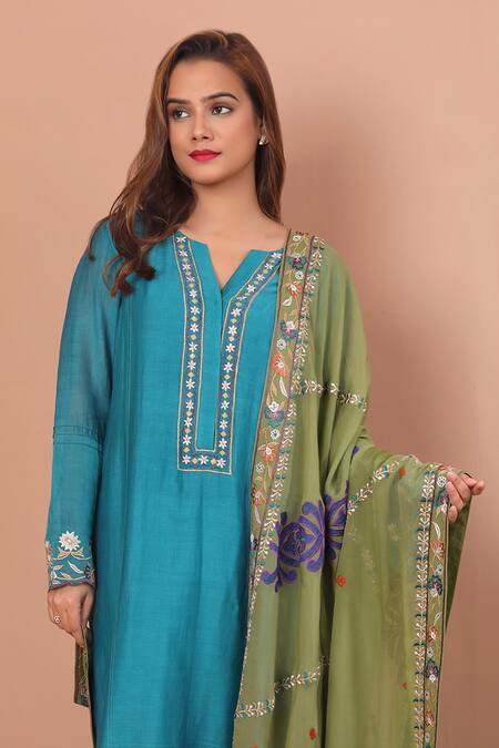 Buy Shetab Kazmi Blue Chanderi Embroidery Split V-neck Blossom Kurta Culottes Set Online at Aza Fashions Buy_Shetab Kazmi_Blue Chanderi Embroidery Split V-neck Blossom Kurta Culottes Set _Online_at_Aza_Fashions